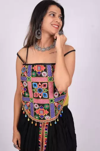 Black Rayon Navratri Lehenga Choli | Garba & Dandiya Outfit with Multicolor Embroidery Sleeveless Square Neckline