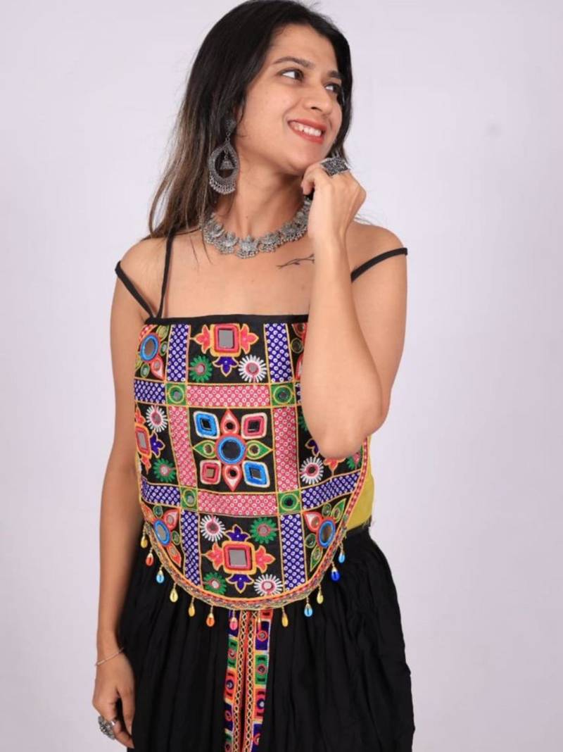 Black Rayon Navratri Lehenga Choli | Garba & Dandiya Outfit with Multicolor Embroidery Sleeveless Square Neckline