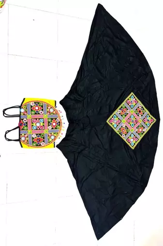 Black Rayon Navratri Lehenga Choli | Garba & Dandiya Outfit with Multicolor Embroidery Sleeveless Square Neckline