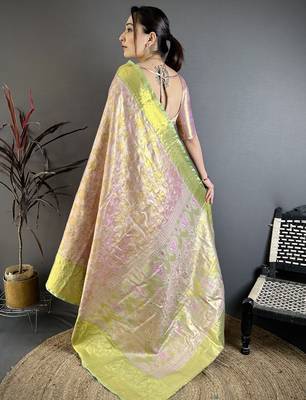 pink kanjeevaram silk blend zari woven saree with unstitched blouse piece. 5