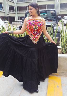 Black Rayon Navratri Lehenga Choli | Garba & Dandiya Outfit with Multicolor Embroidery Sleeveless Sweetheart Neckline 1