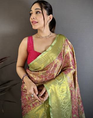 rani kanjeevaram silk blend zari woven saree with unstitched blouse piece. 1