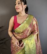 rani kanjeevaram silk blend zari woven saree with unstitched blouse piece.
