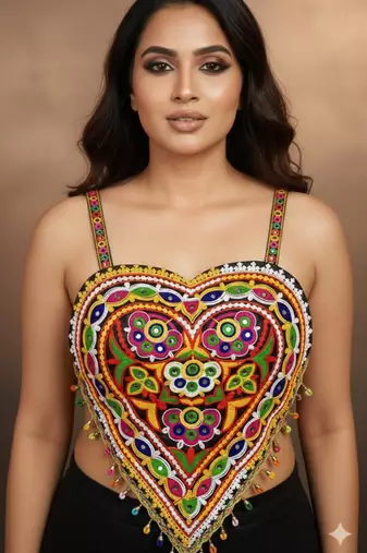 Black Rayon Navratri Lehenga Choli | Garba & Dandiya Outfit with Multicolor Embroidery Sleeveless Sweetheart Neckline