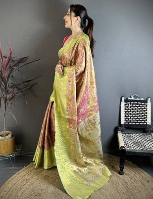 rani kanjeevaram silk blend zari woven saree with unstitched blouse piece. 3