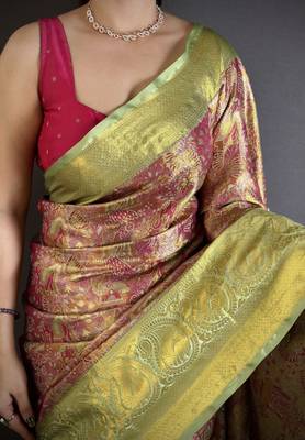 rani kanjeevaram silk blend zari woven saree with unstitched blouse piece. 4