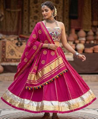Rani-Pink Rayon Navratri Lehenga Choli | Garba & Dandiya Outfit with Rani-Pink Embroidery Sleeveless Sweetheart Neckline 1