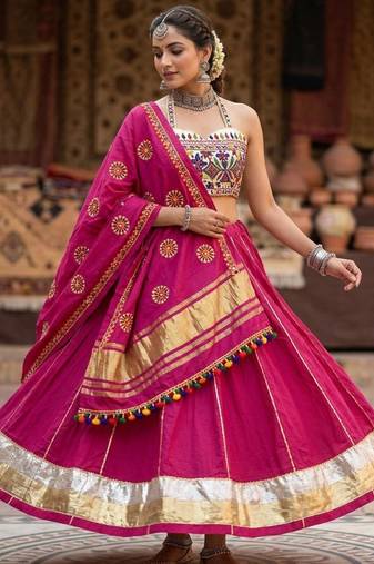 Rani-Pink Rayon Navratri Lehenga Choli | Garba & Dandiya Outfit with Rani-Pink Embroidery Sleeveless Sweetheart Neckline