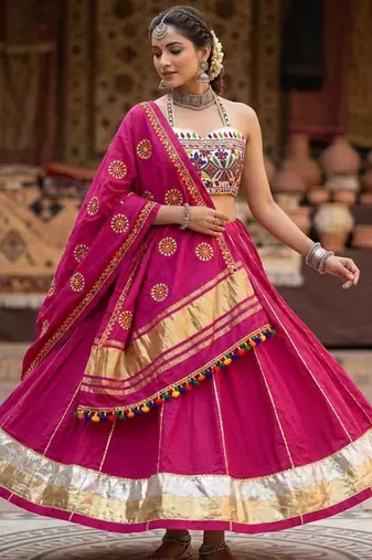 Rani-Pink Rayon Navratri Lehenga Choli | Garba & Dandiya Outfit with Rani-Pink Embroidery Sleeveless Sweetheart Neckline