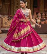 Rani-Pink Rayon Navratri Lehenga Choli | Garba & Dandiya Outfit with Rani-Pink Embroidery Sleeveless Sweetheart Neckline