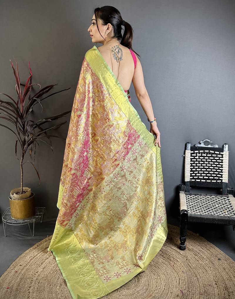rani kanjeevaram silk blend zari woven saree with unstitched blouse piece.