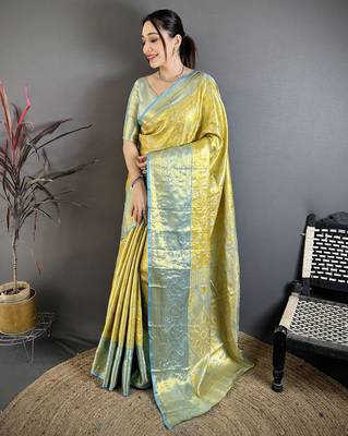 yellow kanjeevaram silk blend zari woven saree with unstitched blouse piece. 2