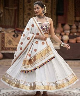 White Rayon Navratri Lehenga Choli | Garba & Dandiya Outfit with White Embroidery Sleeveless Sweetheart Neckline 1