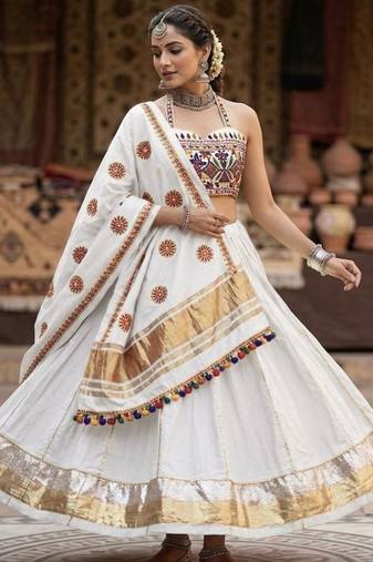 White Rayon Navratri Lehenga Choli | Garba & Dandiya Outfit with White Embroidery Sleeveless Sweetheart Neckline