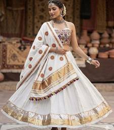 White Rayon Navratri Lehenga Choli | Garba & Dandiya Outfit with White Embroidery Sleeveless Sweetheart Neckline