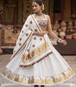 White Rayon Navratri Lehenga Choli | Garba & Dandiya Outfit with White Embroidery Sleeveless Sweetheart Neckline