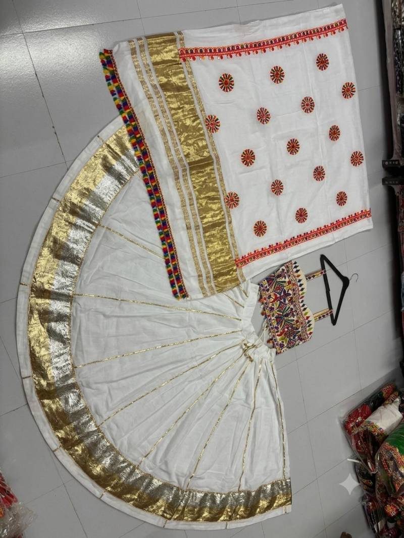 White Rayon Navratri Lehenga Choli | Garba & Dandiya Outfit with White Embroidery Sleeveless Sweetheart Neckline