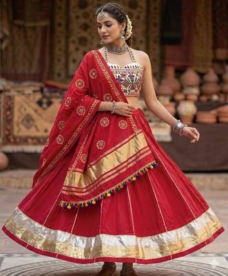 Red Rayon Navratri Lehenga Choli | Garba & Dandiya Outfit with Red Embroidery Sleeveless Sweetheart Neckline 1