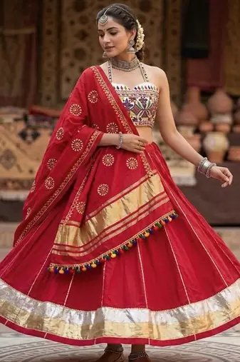 Red Rayon Navratri Lehenga Choli | Garba & Dandiya Outfit with Red Embroidery Sleeveless Sweetheart Neckline