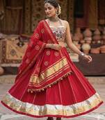 Red Rayon Navratri Lehenga Choli | Garba & Dandiya Outfit with Red Embroidery Sleeveless Sweetheart Neckline