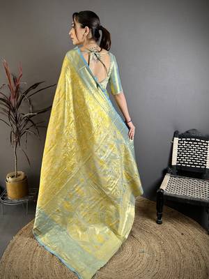 yellow kanjeevaram silk blend zari woven saree with unstitched blouse piece. 5