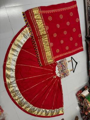 Red Rayon Navratri Lehenga Choli | Garba & Dandiya Outfit with Red Embroidery Sleeveless Sweetheart Neckline 2