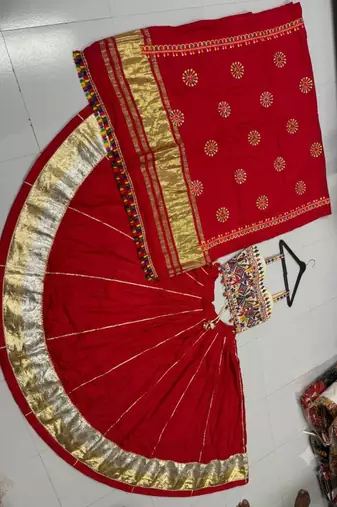 Red Rayon Navratri Lehenga Choli | Garba & Dandiya Outfit with Red Embroidery Sleeveless Sweetheart Neckline