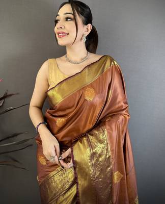 brown soft silk blend zari woven saree with unstitched blouse piece. 1