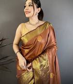 brown soft silk blend zari woven saree with unstitched blouse piece.