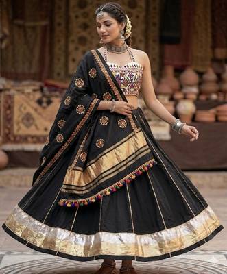 Black Rayon Navratri Lehenga Choli | Garba & Dandiya Outfit with Black Embroidery Sleeveless Sweetheart Neckline 1