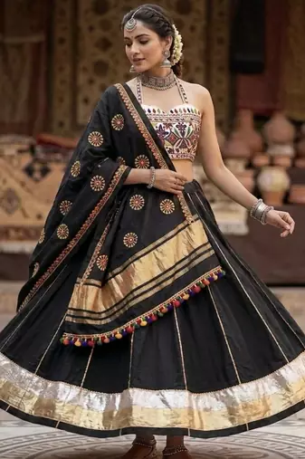 Black Rayon Navratri Lehenga Choli | Garba & Dandiya Outfit with Black Embroidery Sleeveless Sweetheart Neckline
