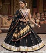 Black Rayon Navratri Lehenga Choli | Garba & Dandiya Outfit with Black Embroidery Sleeveless Sweetheart Neckline