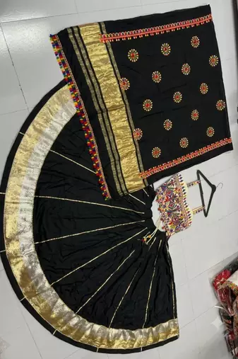 Black Rayon Navratri Lehenga Choli | Garba & Dandiya Outfit with Black Embroidery Sleeveless Sweetheart Neckline