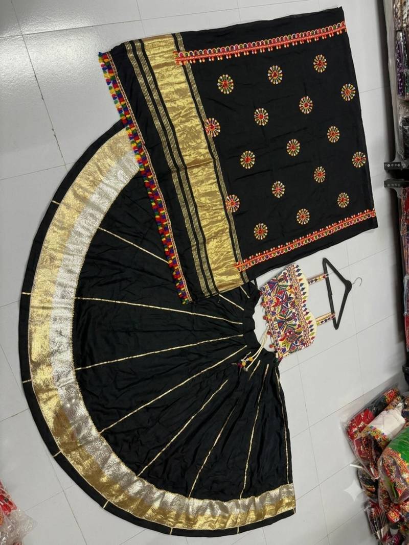 Black Rayon Navratri Lehenga Choli | Garba & Dandiya Outfit with Black Embroidery Sleeveless Sweetheart Neckline