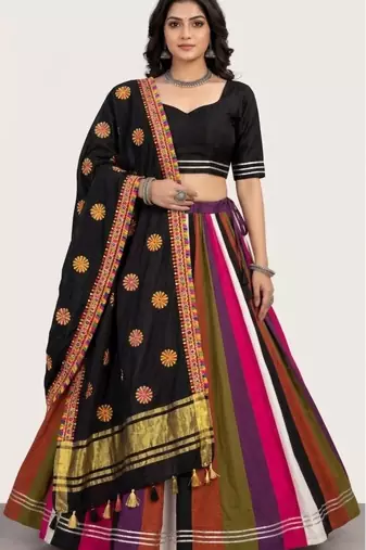 Multicolor Rayon Navratri Lehenga Choli | Garba & Dandiya Outfit with Black Half-Sleeve Round Neckline