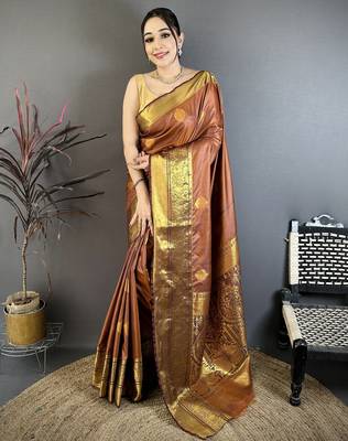 brown soft silk blend zari woven saree with unstitched blouse piece. 2