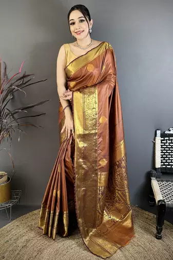 brown soft silk blend zari woven saree with unstitched blouse piece.