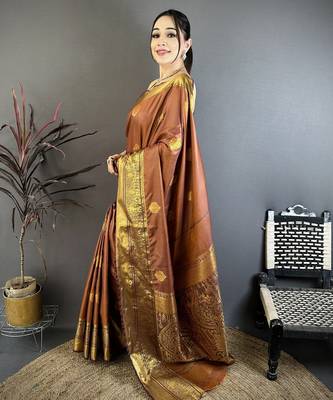 brown soft silk blend zari woven saree with unstitched blouse piece. 3