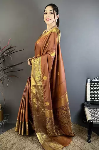 brown soft silk blend zari woven saree with unstitched blouse piece.