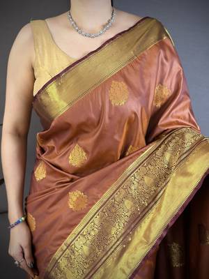brown soft silk blend zari woven saree with unstitched blouse piece. 4