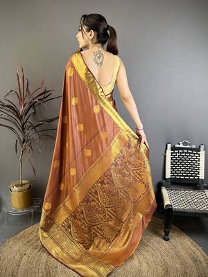 brown soft silk blend zari woven saree with unstitched blouse piece. 5