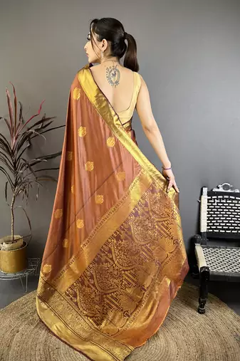 brown soft silk blend zari woven saree with unstitched blouse piece.