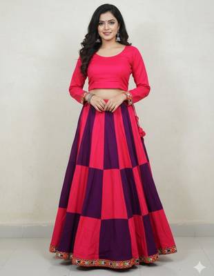 Pink Rayon Navratri Lehenga Choli | Garba & Dandiya Outfit with Pink Half-Sleeve Round Neckline 1