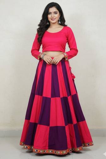 Pink Rayon Navratri Lehenga Choli | Garba & Dandiya Outfit with Pink Half-Sleeve Round Neckline