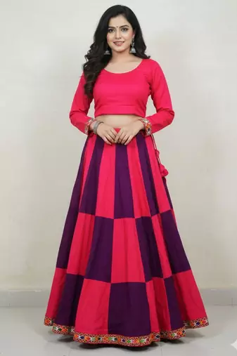 Pink Rayon Navratri Lehenga Choli | Garba & Dandiya Outfit with Pink Half-Sleeve Round Neckline