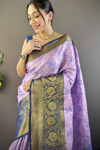 lavender tissue silk blend kanjeevaram zari woven saree with unstitched blouse piece.