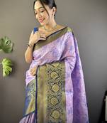 lavender tissue silk blend kanjeevaram zari woven saree with unstitched blouse piece.