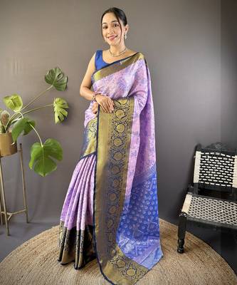 lavender tissue silk blend kanjeevaram zari woven saree with unstitched blouse piece. 2