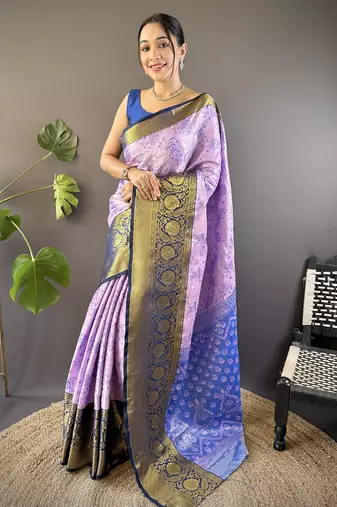 lavender tissue silk blend kanjeevaram zari woven saree with unstitched blouse piece