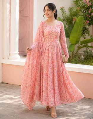 Light pink printed georgette anarkali kurti 1